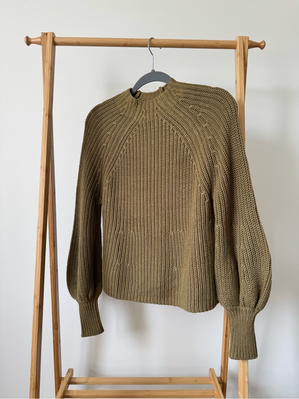 Apiece Apart Olive Green Knit Crewneck Sweater with Balloon Sleeves, Size XS